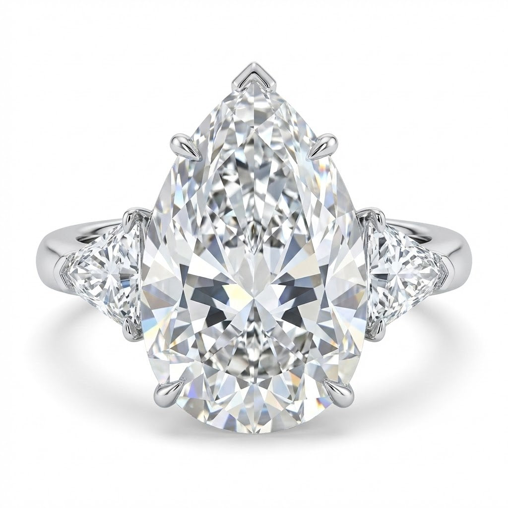 Platinum Pear Shape Diamond Engagement Ring with Trillion Side Stones – 10.15 ct Total Diamond Weight