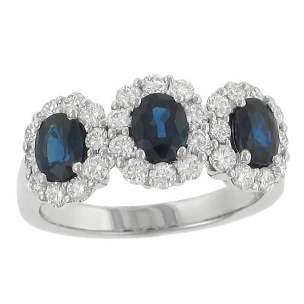 Three Halo Style Round Diamond and prong Set Oval Blue Sapphire Fashion Ring Gem .34cttw Diamond .90cttw ||| 