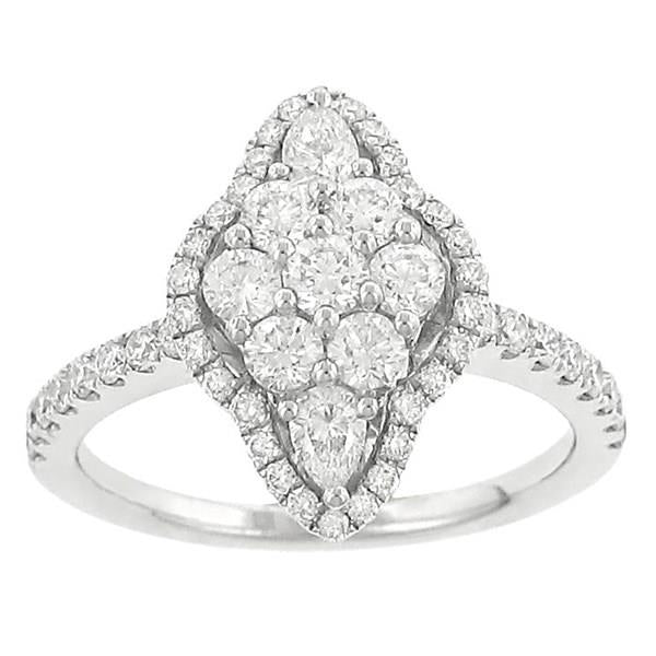 prong Set Pear Shape and Round Diamond Cluster Fashion Ring with Scalloped Pave Diamond Halo on Pave Diamond Band Diamond 1.20cttw G-H/si2  ||| 