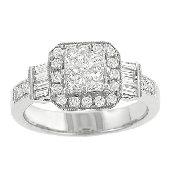 Princess Cut and Cushion Halo Round Diamond Fashion Ring with Bar Set Baguette and Round Diamond Sides with Milgrain Trim Diamond 1.00cttw G-H/si2 ||| 