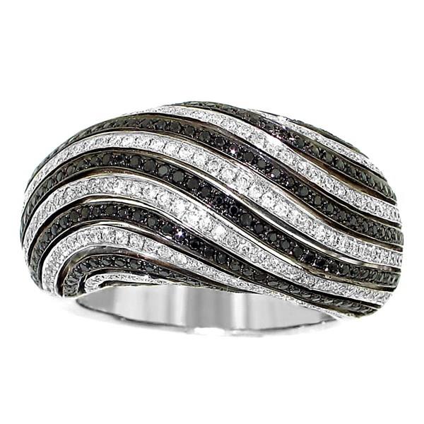 15 Row Horizontal Wave Domed Alternating Pave Set Round Black and White Diamond Fashion Ring with Milgrain Trim Diamond 1.10cttw ||| 