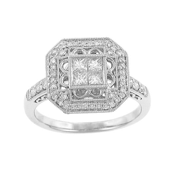4 Invisible Set Princess Cut and 2-Sided Pave Halo Diamond Ring on Diamond Fashion Band with Side Detailing and Milgrain Diamond .75cttw G-H/i1 ||| 