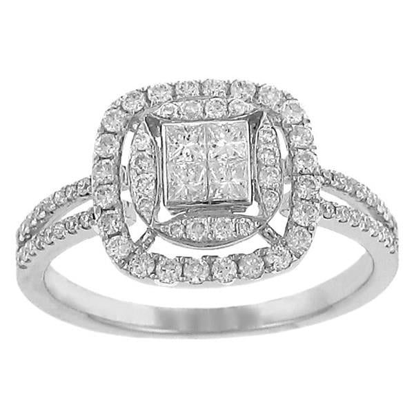4 Invisible Set Princess Cut and Scalloped / Cushion Shape Pave Diamond Double Halo Fashion Ring with Split Pave Diamond Band Diamond .63cttw G-H/i1 ||| 