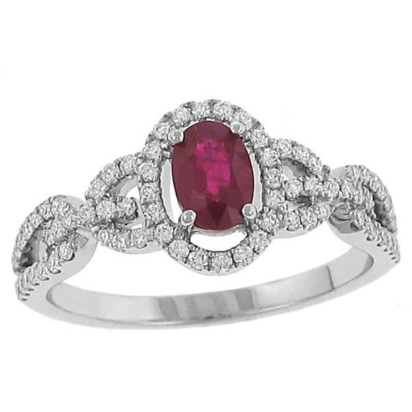 Ladies Oval Ruby and Pave Diamond Halo Design Fashion Ring with Bar Link Shank Gem .66cttw Diamond .37cttw  ||| 