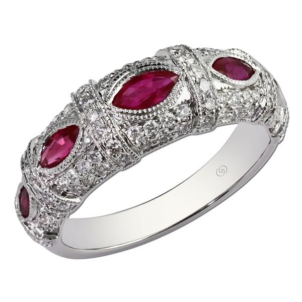 Ladies Domed Pave Diamond Fashion Band with Marquise Rubies and Milgrain Detail 1.22cttw