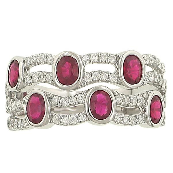 Scalloped 4 Row Pave Diamond Fashion Ring with 6 Bezel Set Oval Rubies Gem 1.50cttw Diamond .54cttw  ||| 