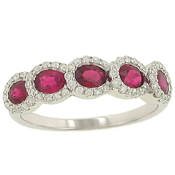 Ladies 5 Stone Oval Ruby and Pave Diamond Halo Step  Design Ring Gem 1.25cttw Diamond .29cttw  ||| 