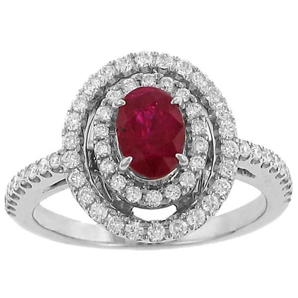 Ladies prong Set Oval Ruby and Pave Diamond Fashion Ring with Double Halo Gem 1.00cttw Diamond .52cttw  ||| 