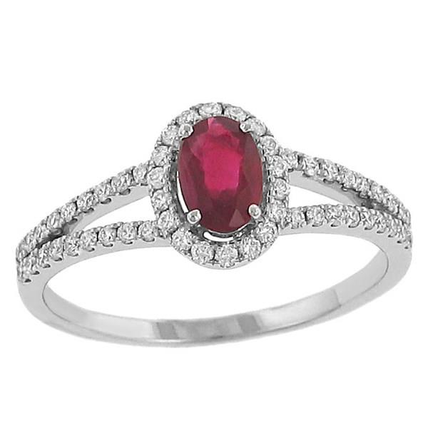 Ladies prong Set Oval Ruby and Diamond Halo Design Fashion Ring with Fishtail and Split Shank Gem .48cttw Diamond .30cttw  ||| 