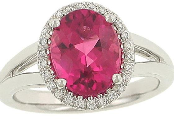 Ladies prong Set 10x8mm Oval Pink Tourmaline and Pave Diamond Halo Design Fashion Ring with Fishtail and Split Shank Gem 2.77cttw Diamond .12cttw   ||| 
