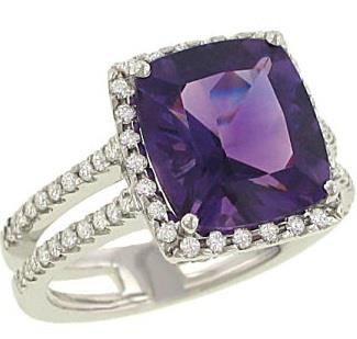 Ladies prong Set Cushion Cut Amethyst Fashion Ring with Pave Diamond Trim and Sides and Split Shank Gem 4.43cttw Diamond .60cttw (Size 5.5 is avaliable) ||| 