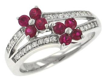 Ladies 2 Row Pave Diamond and Flower Design Ruby Fashion Ring  Gem .59cttw Diamond .17cttw (Available in sizes 5.75 to 7.75) ||| 