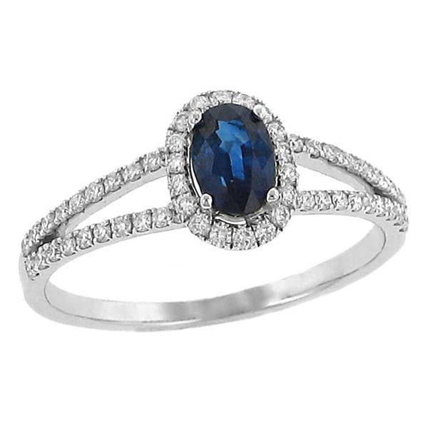 Ladies prong Set Oval Blue Sapphire and Pave Diamond Halo Design Fashion Ring with Split Shank Diamond .30cttw Gem .66cttw  ||| 