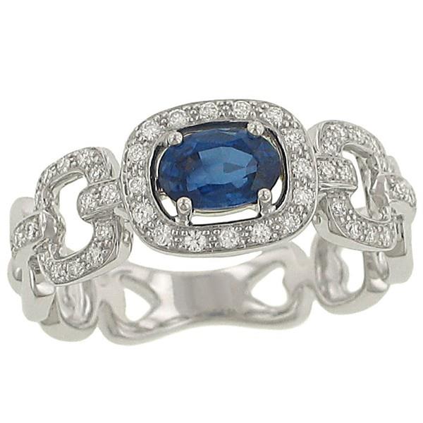 Ladies Pave Diamond Link Design Fashion Ring with Center Oval Blue Sapphire Gem .66cttw Diamond .24cttw  ||| 