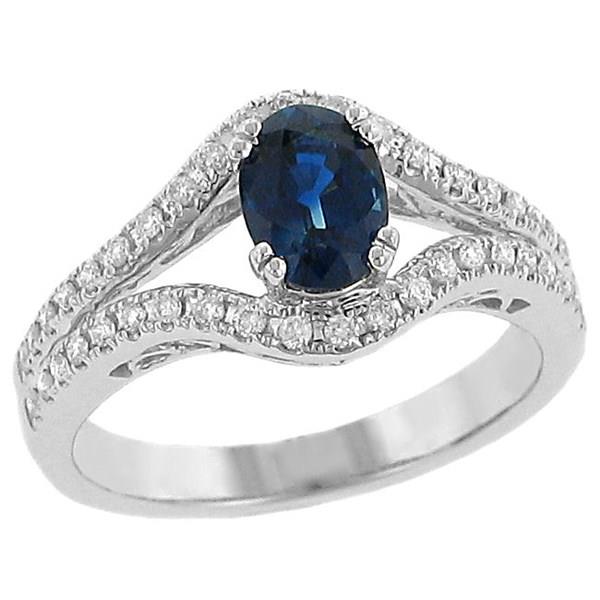 Ladies Double prong Set Oval Blue Sapphire and 2 Row Round Pave Set Diamond Fashion Ring with Split Shank and Scroll Engraving Gem .88cttw Diamond .26cttw  ||| 