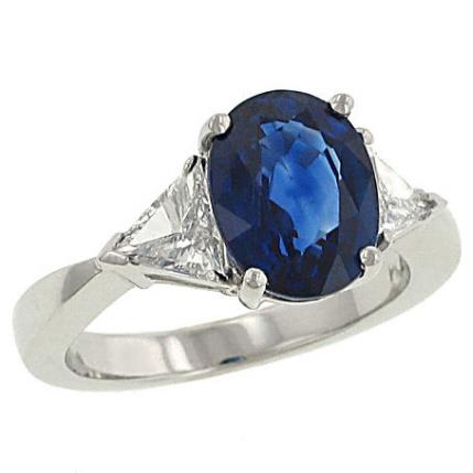 Ladies Oval Blue Sapphire Fashion Ring with 2 Side Trillion Diamonds Gem 3.05cttw Diamond .33cttw  ||| 