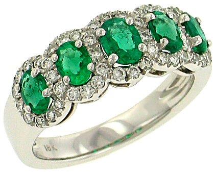 Ladies 5 Stone prong Set Oval Green Emerald and Pave Diamond Fashion Ring Gem 1.30cttw Diamond .42cttw ||| 