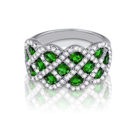 Ladies Fancy Twist Pave Diamond and Round Green Emerald Scalloped Fashion Band 2.12cttw