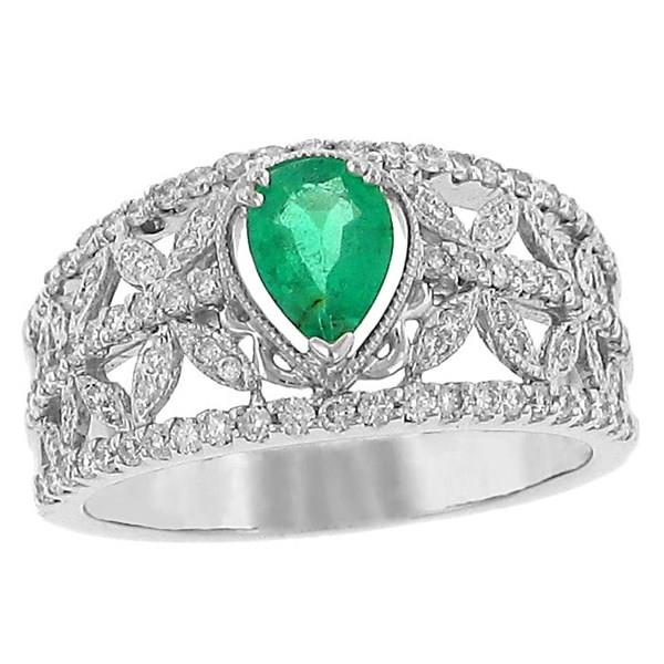 Ladies Round Pave and prong Set Wide Domed Diamond Fashion Band with prong Set Pear Shaped Green Emerald Center Gem .60cttw  ||| 