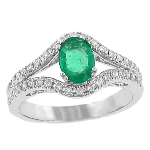 Ladies 2 Row Pave Diamond Fashion Ring with prong Set Oval Green Emerald Center; Split Shank and Side Engraving Gem .66cttw Diamond .26cttw  ||| 