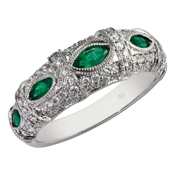 Emerald and Diamond Domed Fashion Band with Milgrain – 1.12cttw