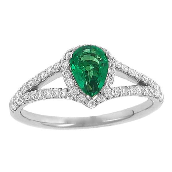Ladies Round Pave Diamond and Pear Shaped Green Emerald Halo Design Fashion Ring with Split Shank Gem .66cttw Diamond .47cttw ||| 