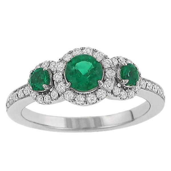 Ladies 3 Stone Round prong Set Green Emerald and Pave Diamond Halo Design Fashion Ring Gem .72cttw Diamond .38cttw  ||| 