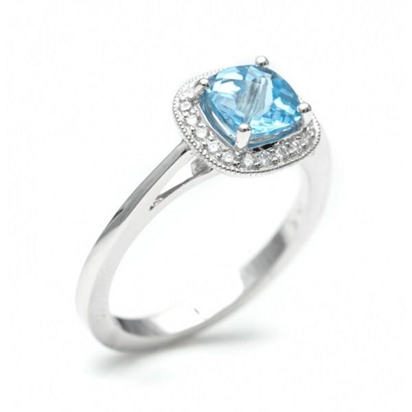 Ladies’ Cushion Cut Aquamarine and Pavé Diamond Halo Ring