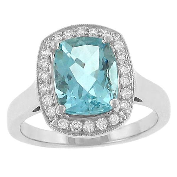 Ladies’ Cushion Cut Aquamarine Ring with Pavé Diamond Halo and Milgrain Trim