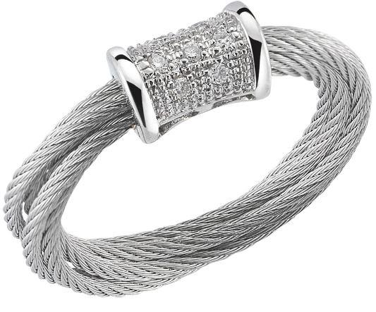 ALOR “Classique Collection” Cable Ring with Pavé Diamond Bar Accent and Side Engraving 0.06cttw