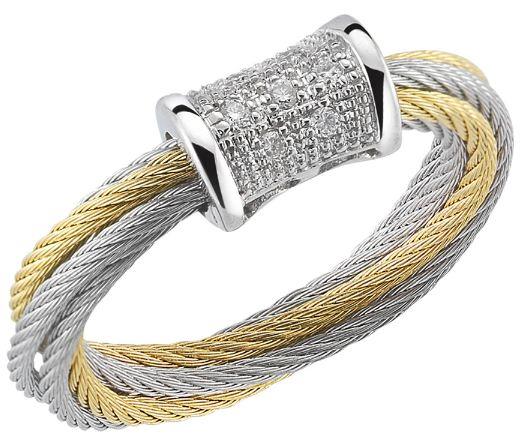 ALOR “Classique Collection” Two-Tone Cable Ring with Pavé Diamond Bar Accent and Side Engraving 0.06cttw