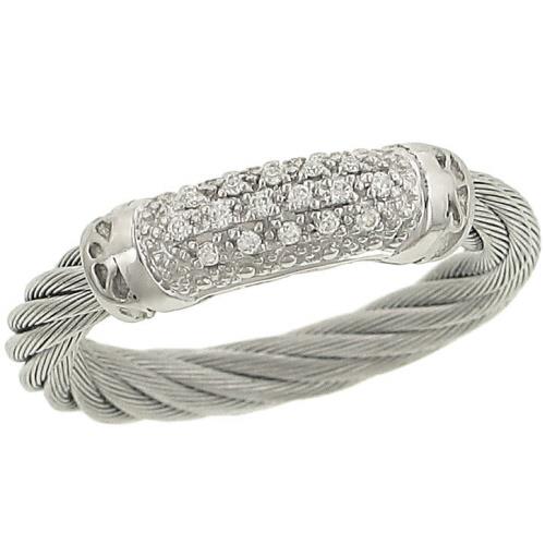ALOR “Classique Collection” Stainless Steel Cable Ring with Engraving and Pavé Diamonds 0.08cttw
