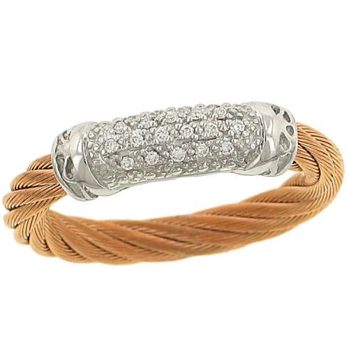 ALOR “Classique Collection” Rose Cable Ring with Bar-Set Pavé Diamonds 0.08cttw