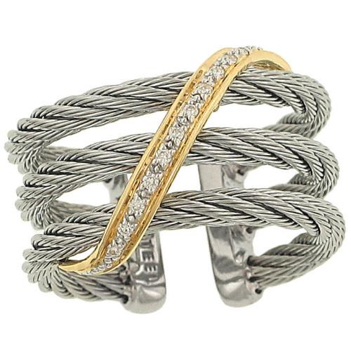 ALOR “Classique Collection” 3-Row Stainless Steel Cable Ring with Pavé Diamonds and 18K Yellow Gold Trim 0.06cttw