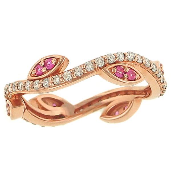 14K Rose Gold Pavé Diamond and Pink Sapphire Scalloped Stackable Ring