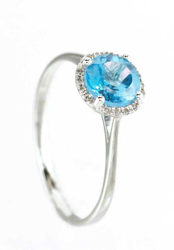 14K White Gold Halo Pavé Diamond and Blue Topaz Ring