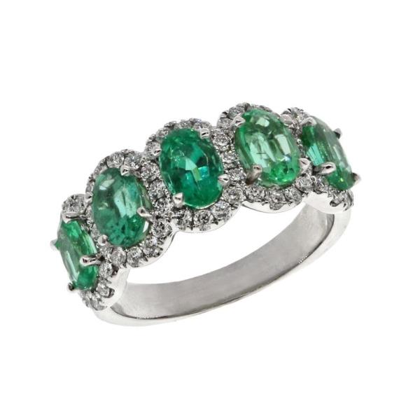 5-Stone Oval Green Emerald and Diamond Halo Band in White Gold – 2.49cttw