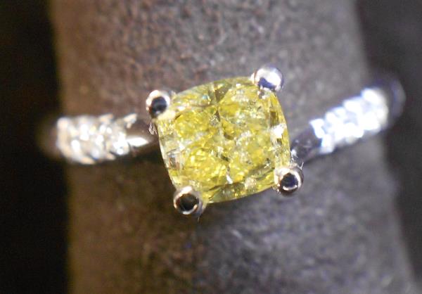 14K White Gold Cushion Cut Fancy Intense Yellow Diamond Fashion Ring 1.08cttw