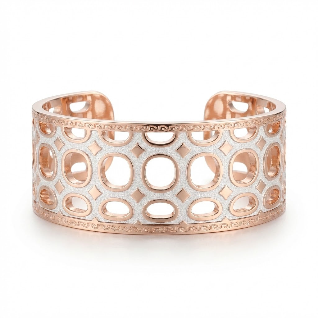 “Seventies” 24K Rose Gold Over Bronze Cuff Bangle Bracelet with Glam Film