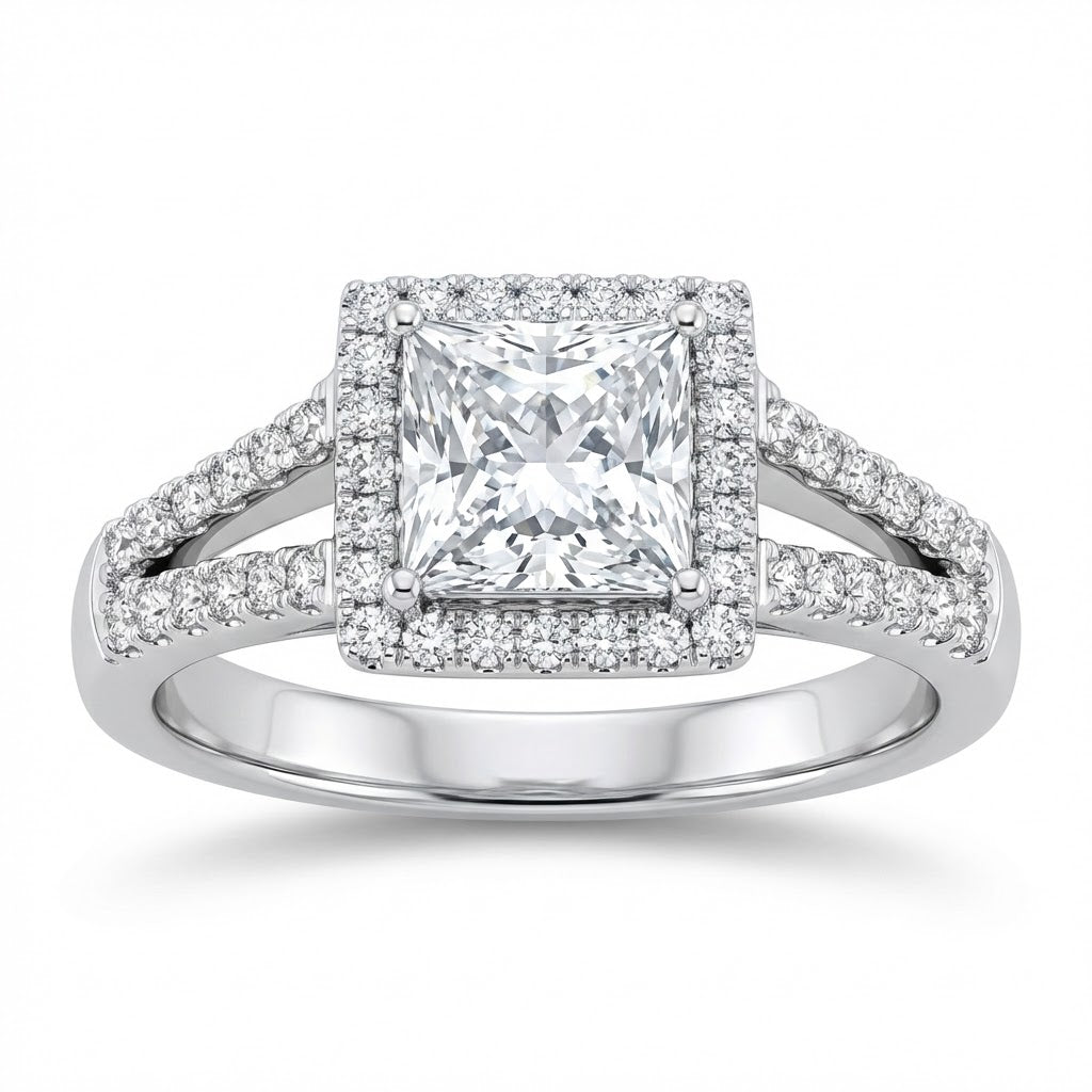 Square ''Halo'' style 48 stone round Pave diamond engagement ring with a split shank diamond 0.24cttw Gh/si1 ||| (center stone Not included)