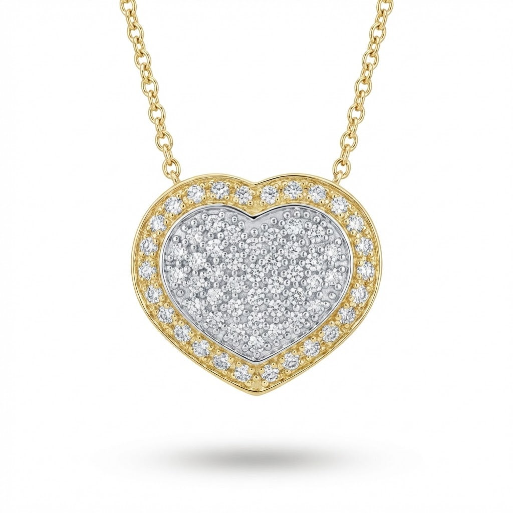 Two-Tone Pavé Diamond Heart Pendant in 14k White and Yellow Gold 0.70cttw