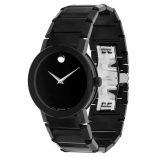 Movado Sapphire Watch; 38 mm Black PVD-Finished Stainless Steel Bezel-Free Case With Flat Edge-To-Edge Dark Metalized Sapphire Crystal; Black Museum Dial With Silver-Toned Dot And Hands; Black PVD-Finished Stainless Steel Link Bracelet With Deploymen