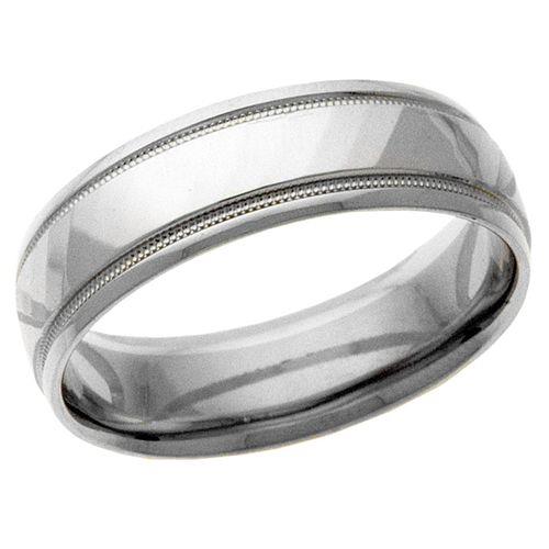 Men’s 14K White Gold 6mm Diagonal Design Wedding Band with Milgrain Trim and Polished Beveled Sides