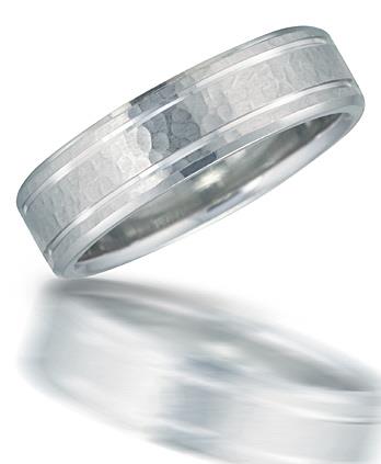 Novell Men’s 6mm Hammered Platinum Wedding Band with Polished Stripes and Beveled Sides