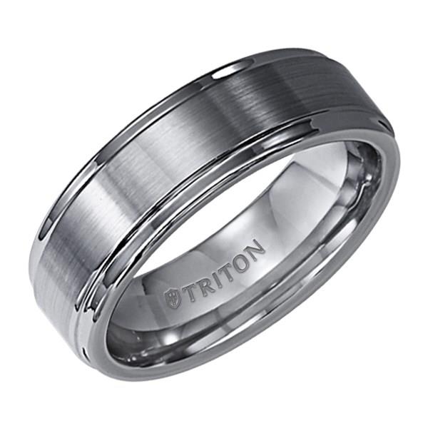Men’s Triton 7mm Brushed Tungsten Wedding Band with Polished Step Edge