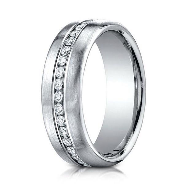 Men’s 7.5mm Satin Comfort Fit Wedding Band with Flush-Set Round Diamonds in 14K White Gold – 0.40 cttw Style 