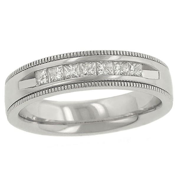 Men’s 7-Stone Channel-Set Princess-Cut Diamond Wedding Band with Milgrain Trim in 14K White Gold – 0.50 cttw Style 