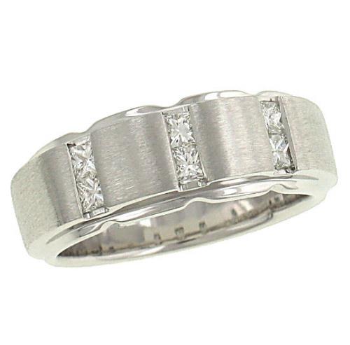 Men’s Scalloped Satin Band with Channel-Set Princess-Cut Diamonds and Polished Edge in 14K White Gold – 0.62 cttw Style 