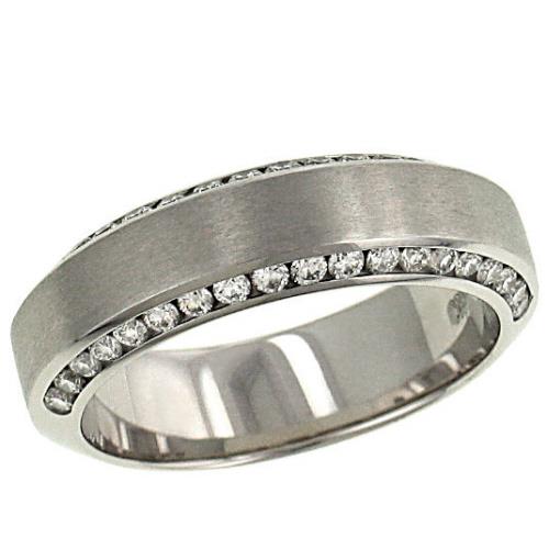Men’s Brushed Wedding Band with Channel-Set Diamond Sides and Polished Beveled Edges in 14K White Gold – 0.75 cttw Style 
