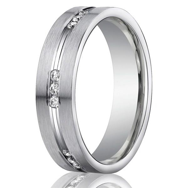 Men’s 6mm Satin Wedding Band with Polished Stripe and Channel-Set Diamonds in 14K White Gold – 0.36 cttw Style 